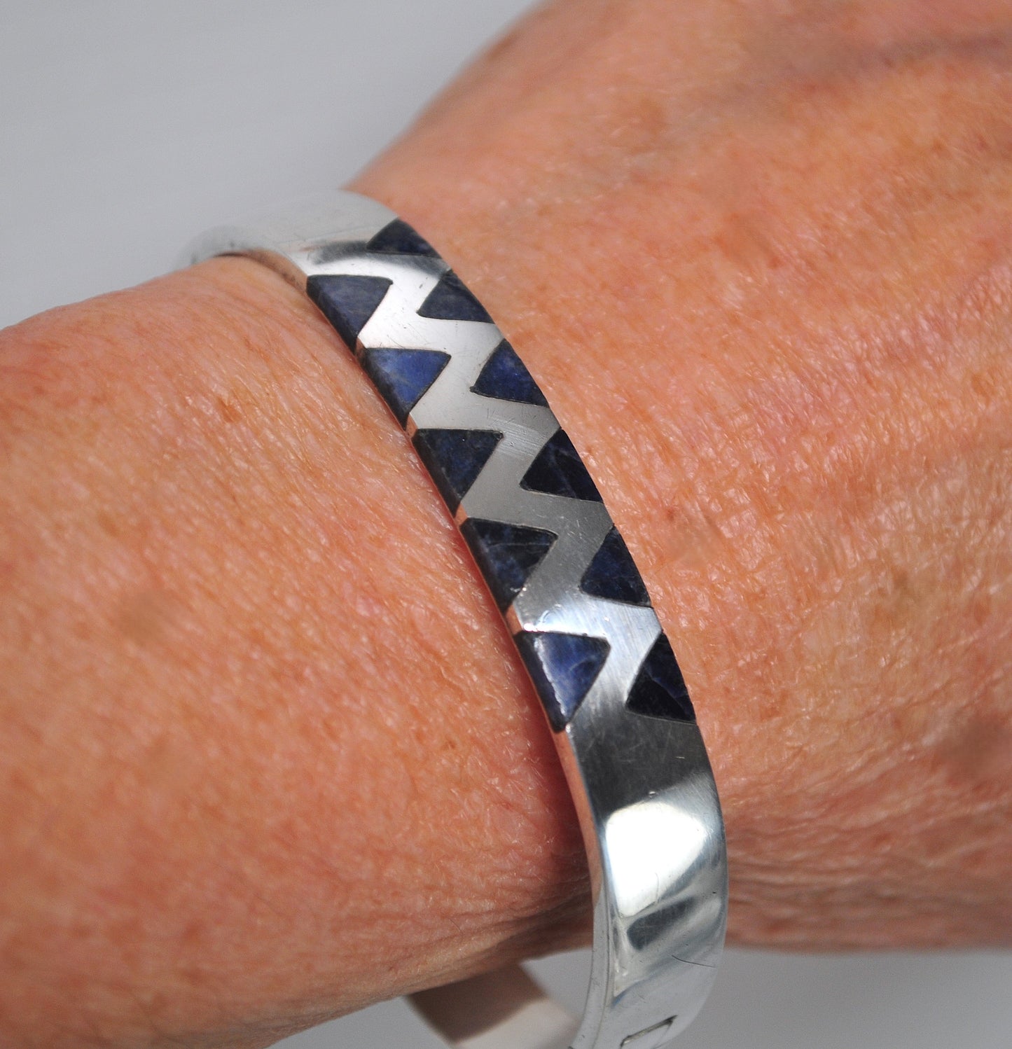 Signed Sterling Silver Lapis Geometric Bangle Bracelet