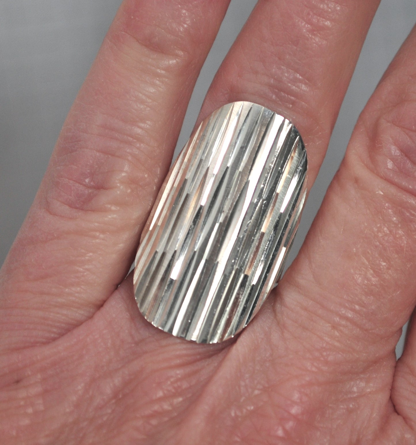 Signed Long Sterling Silver Diamond Cut Sparkle Ring