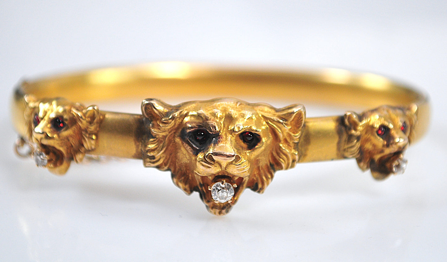 Antique Gold Diamond Ruby Lion Head Bangle Bracelet