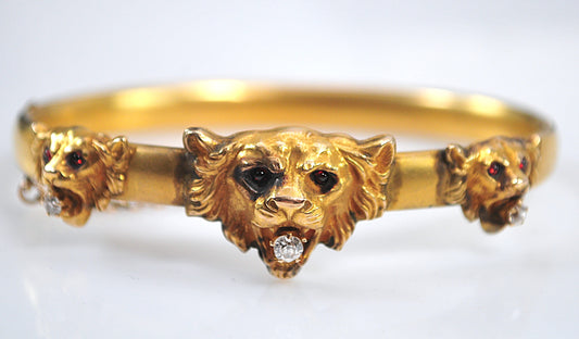 Antique Gold Diamond Ruby Lion Head Bangle Bracelet