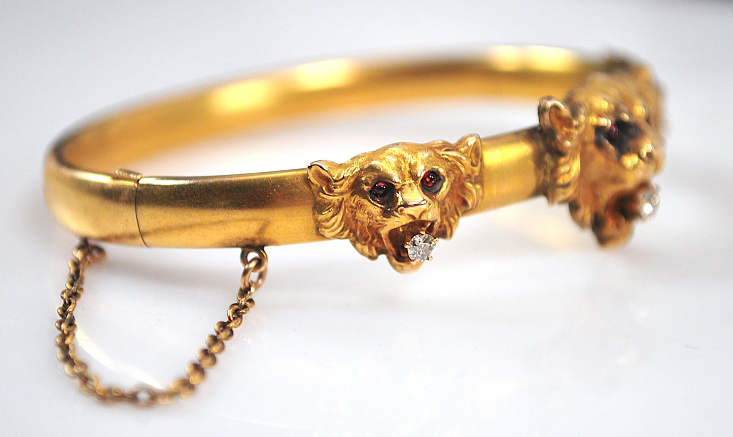 Antique Gold Diamond Ruby Lion Head Bangle Bracelet