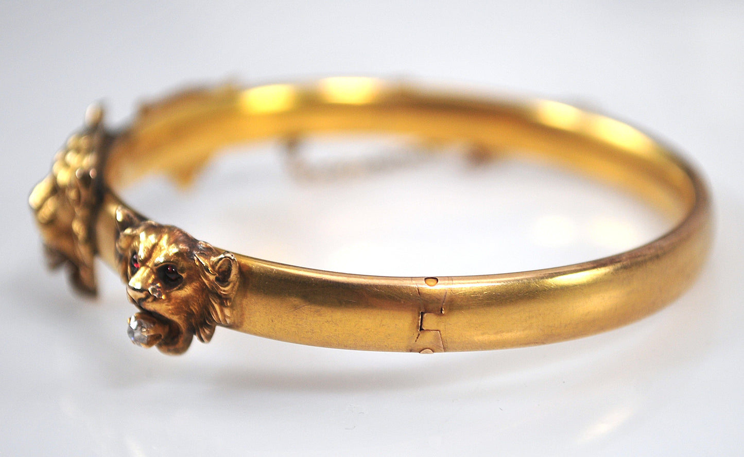 Antique Gold Diamond Ruby Lion Head Bangle Bracelet
