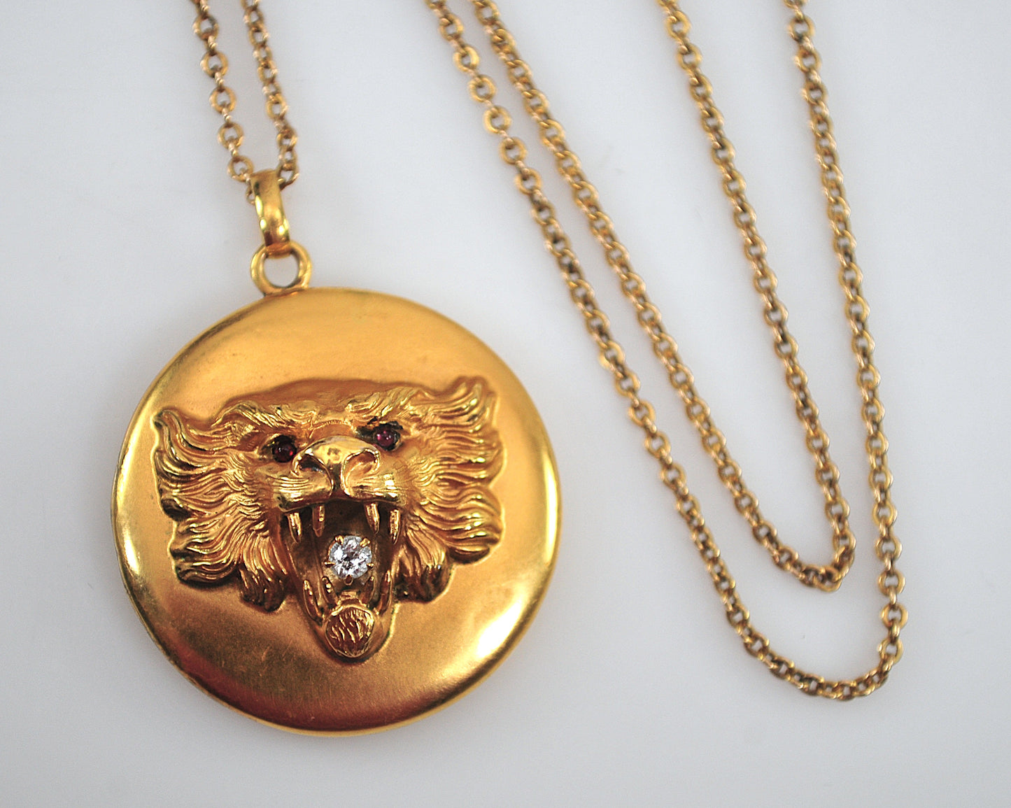 Antique Gold Diamond Ruby Lion Head Locket Necklace