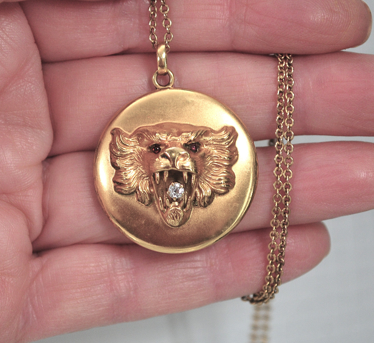 Antique Gold Diamond Ruby Lion Head Locket Necklace