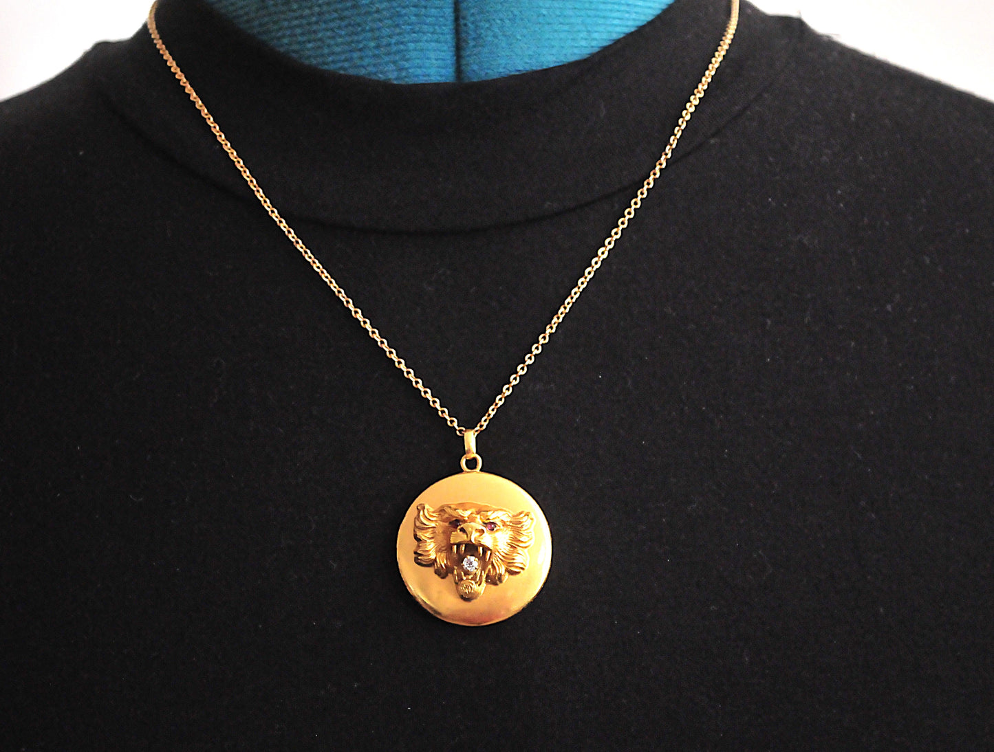 Antique Gold Diamond Ruby Lion Head Locket Necklace