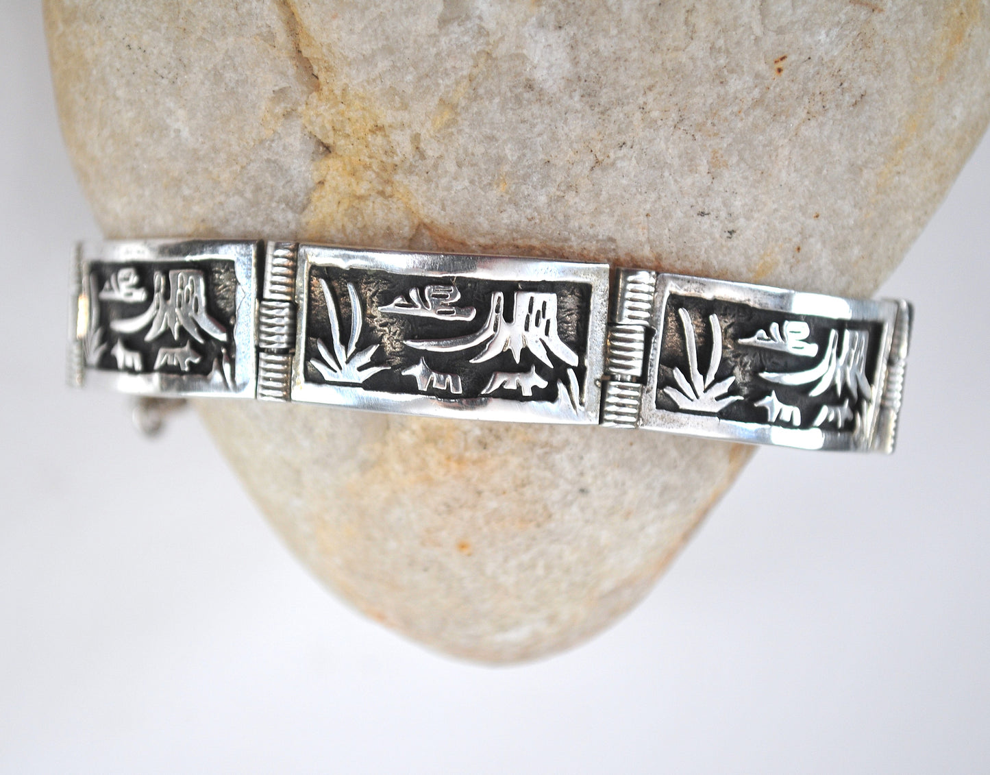 Signed Native American Sterling Silver Panel Bracelet