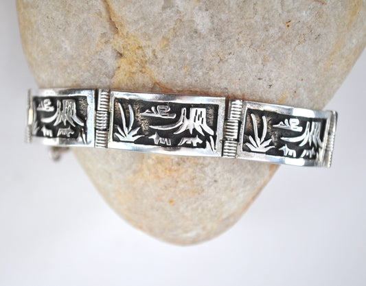 Signed Native American Sterling Silver Panel Bracelet
