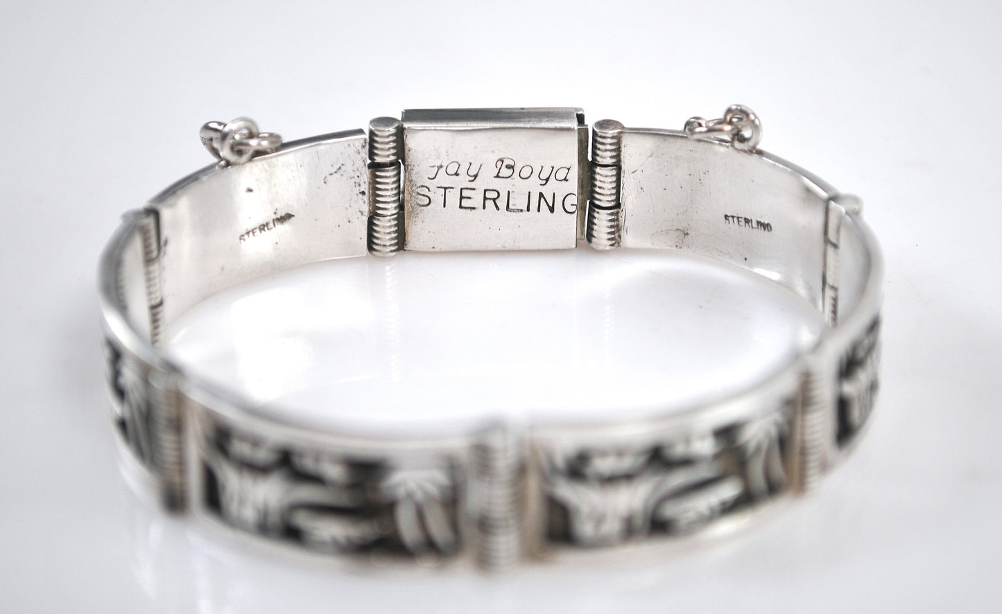 Signed Native American Sterling Silver Panel Bracelet