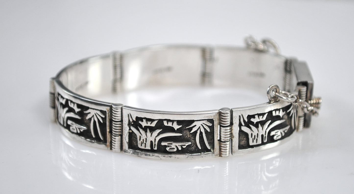 Signed Native American Sterling Silver Panel Bracelet