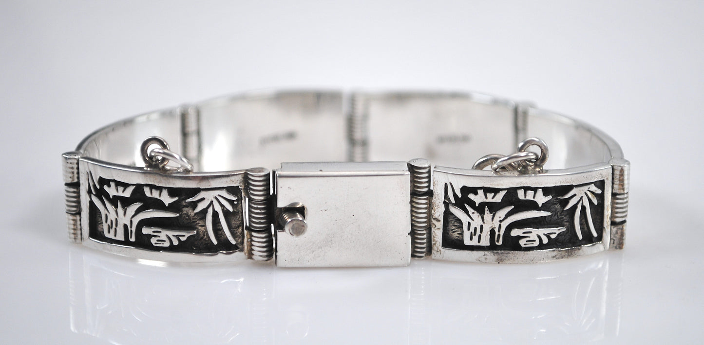 Signed Native American Sterling Silver Panel Bracelet