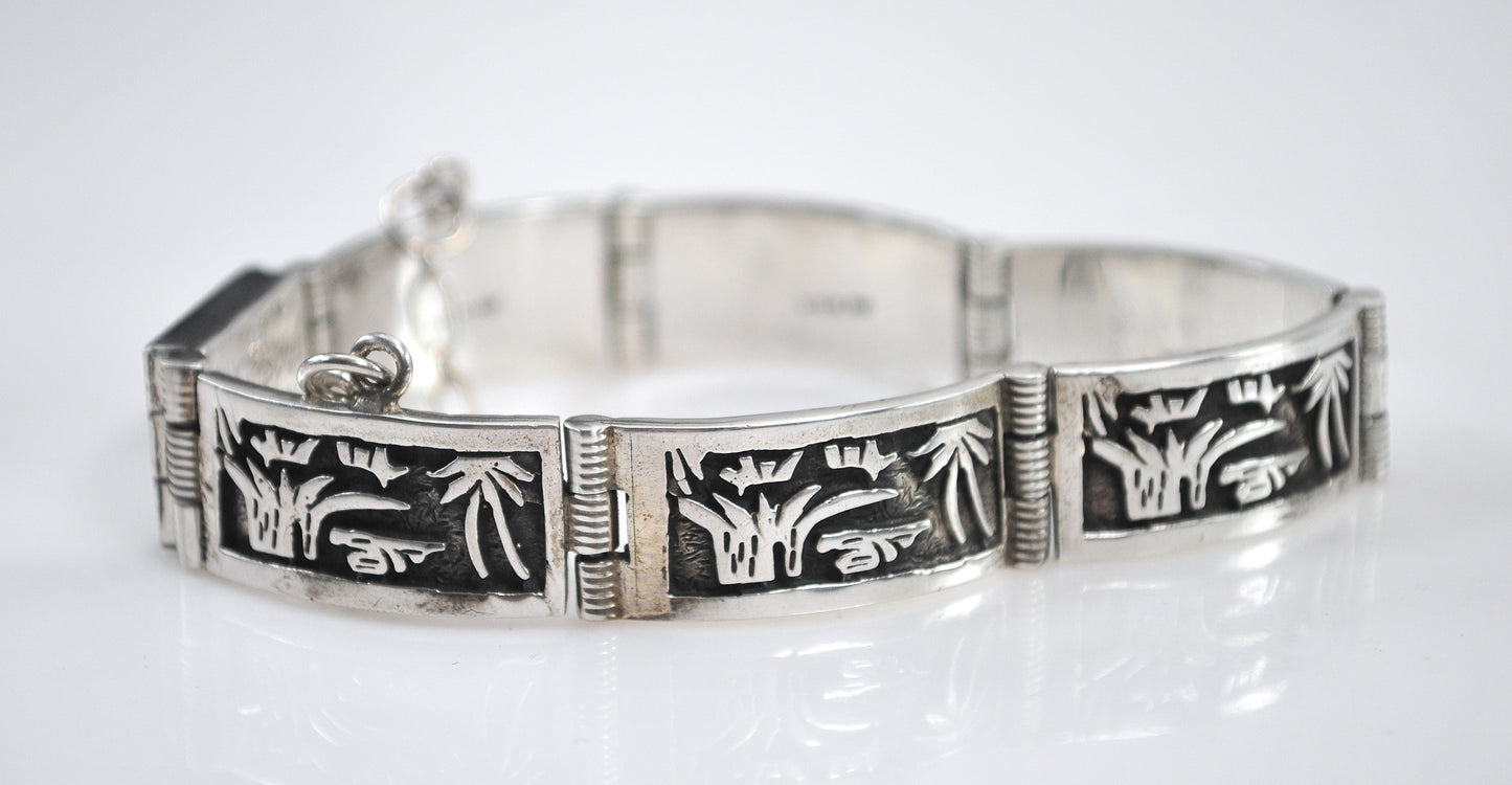 Signed Native American Sterling Silver Panel Bracelet