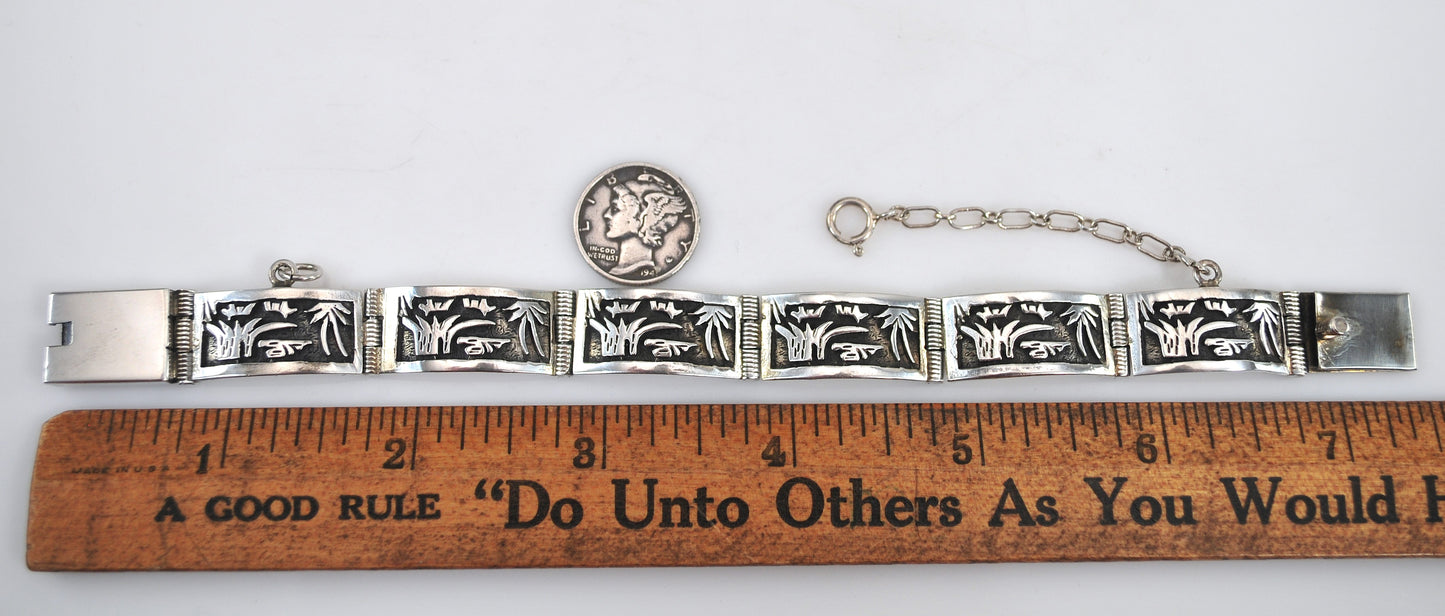 Signed Native American Sterling Silver Panel Bracelet
