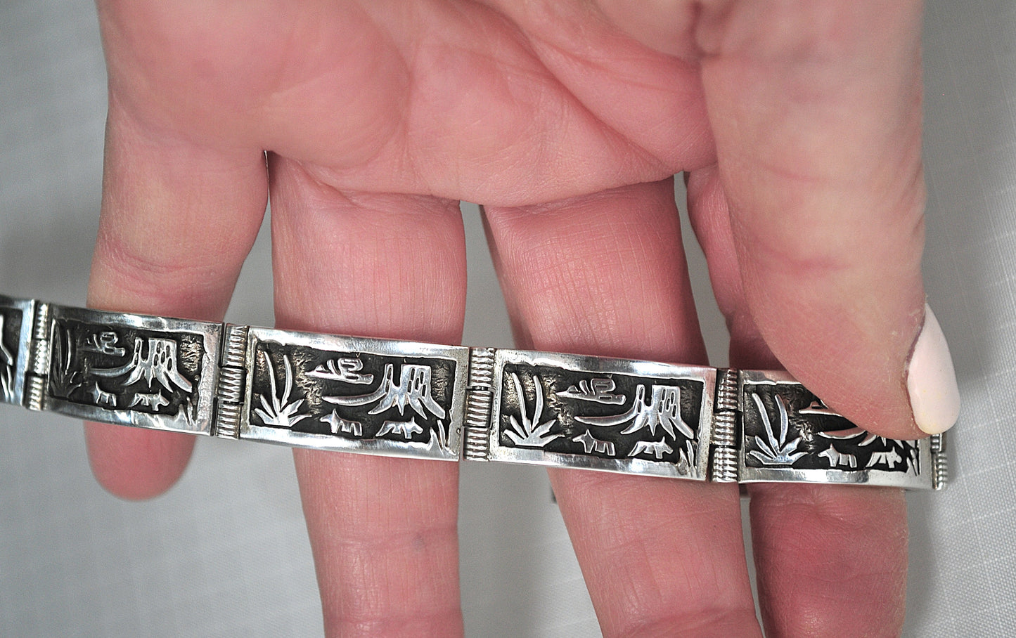 Signed Native American Sterling Silver Panel Bracelet