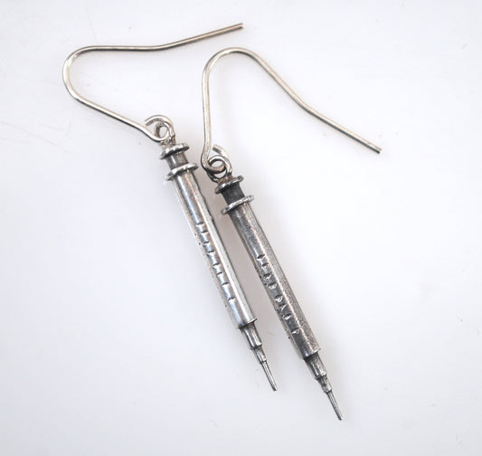Sterling Silver Hypodermic Needle Syringe Earrings