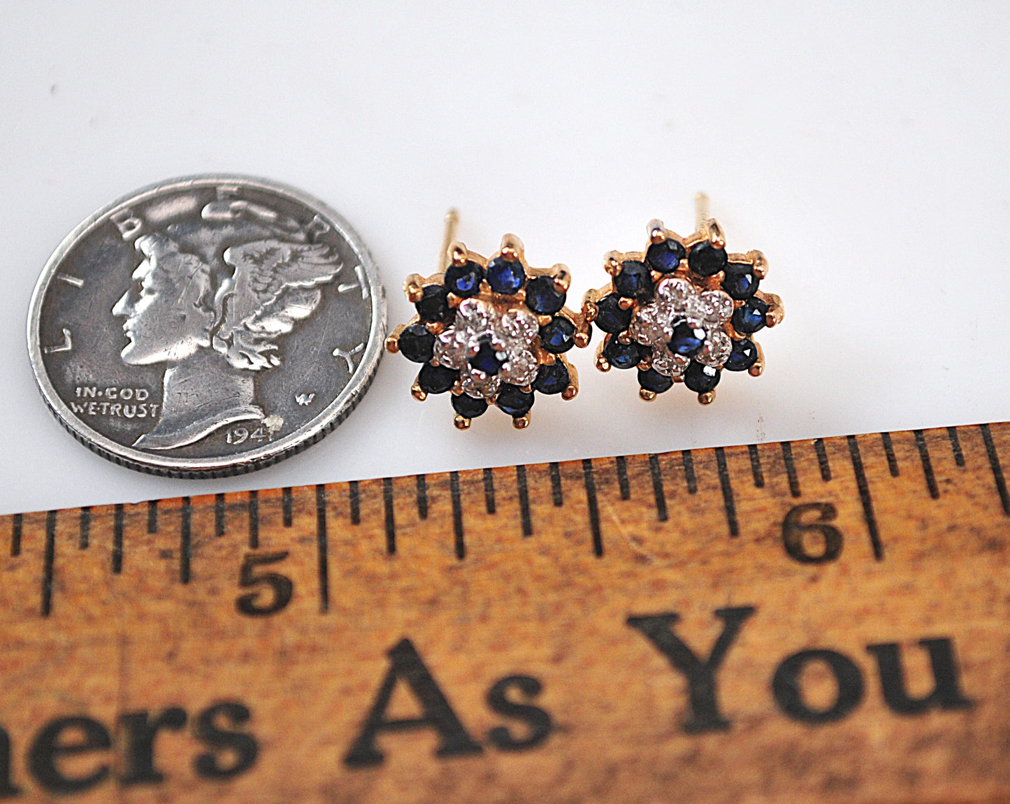 SMALL 10K Gold Sapphire Diamond Stud Earrings