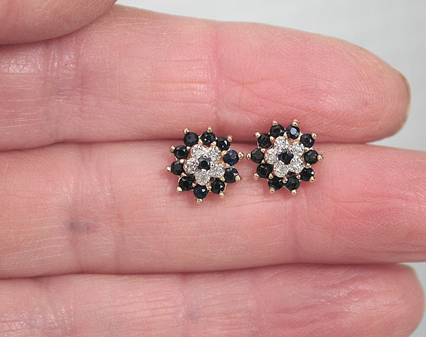 SMALL 10K Gold Sapphire Diamond Stud Earrings