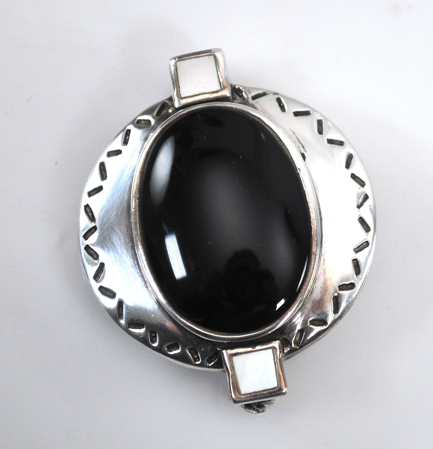Sterling Silver Black Onyx Mother of Pearl Brooch Pendant