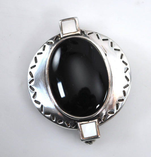 Sterling Silver Black Onyx Mother of Pearl Brooch Pendant