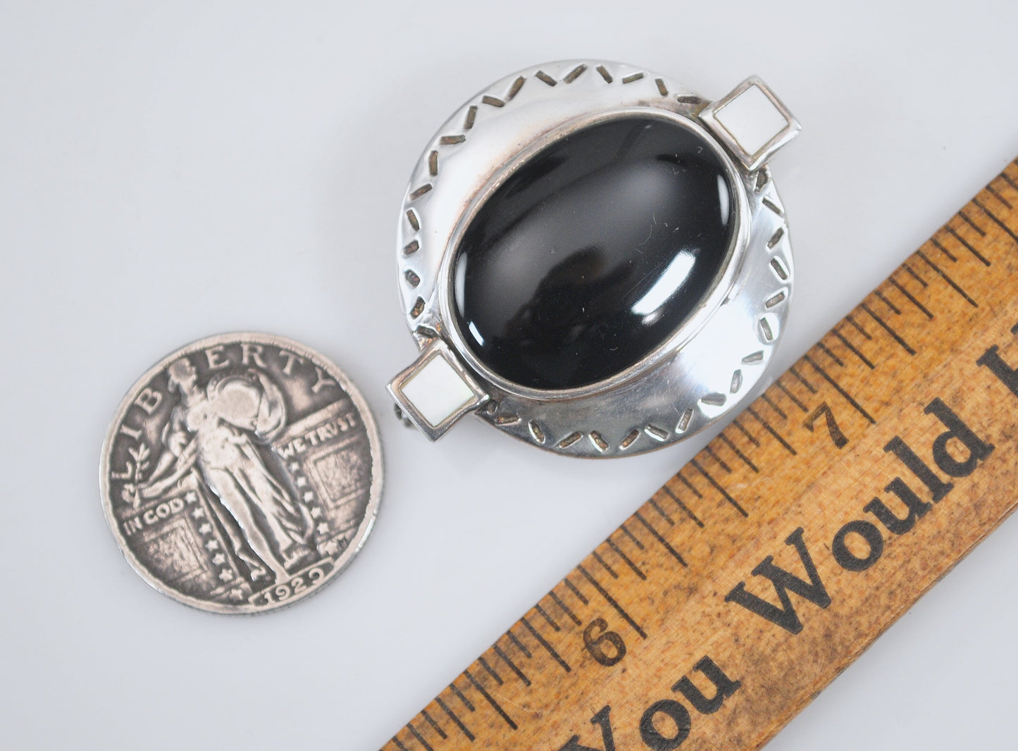 Sterling Silver Black Onyx Mother of Pearl Brooch Pendant