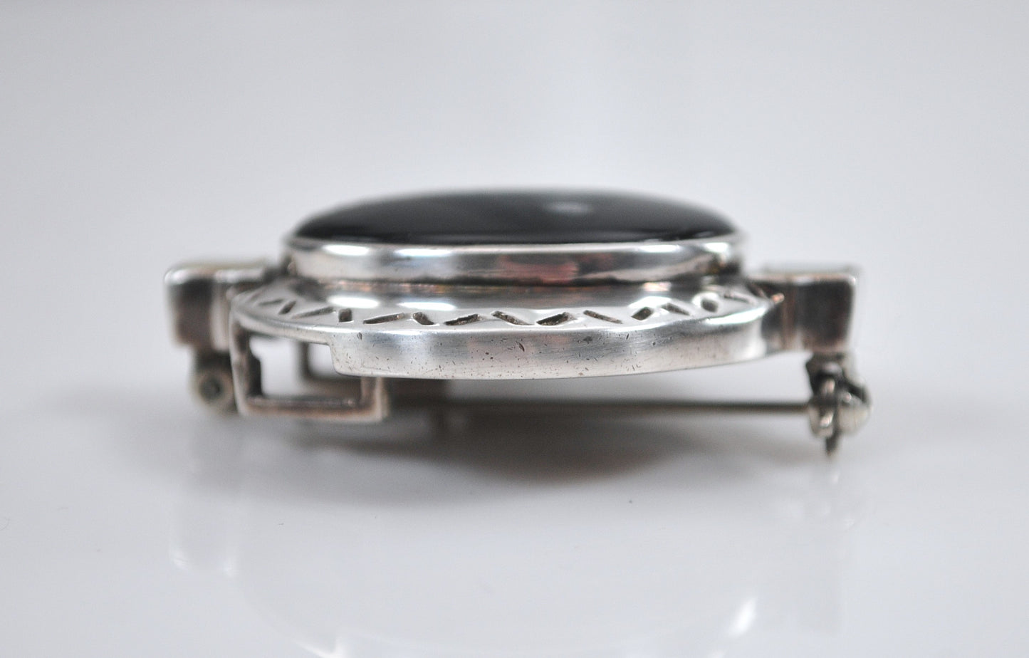 Sterling Silver Black Onyx Mother of Pearl Brooch Pendant