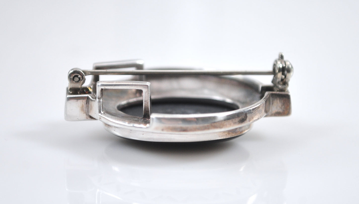 Sterling Silver Black Onyx Mother of Pearl Brooch Pendant