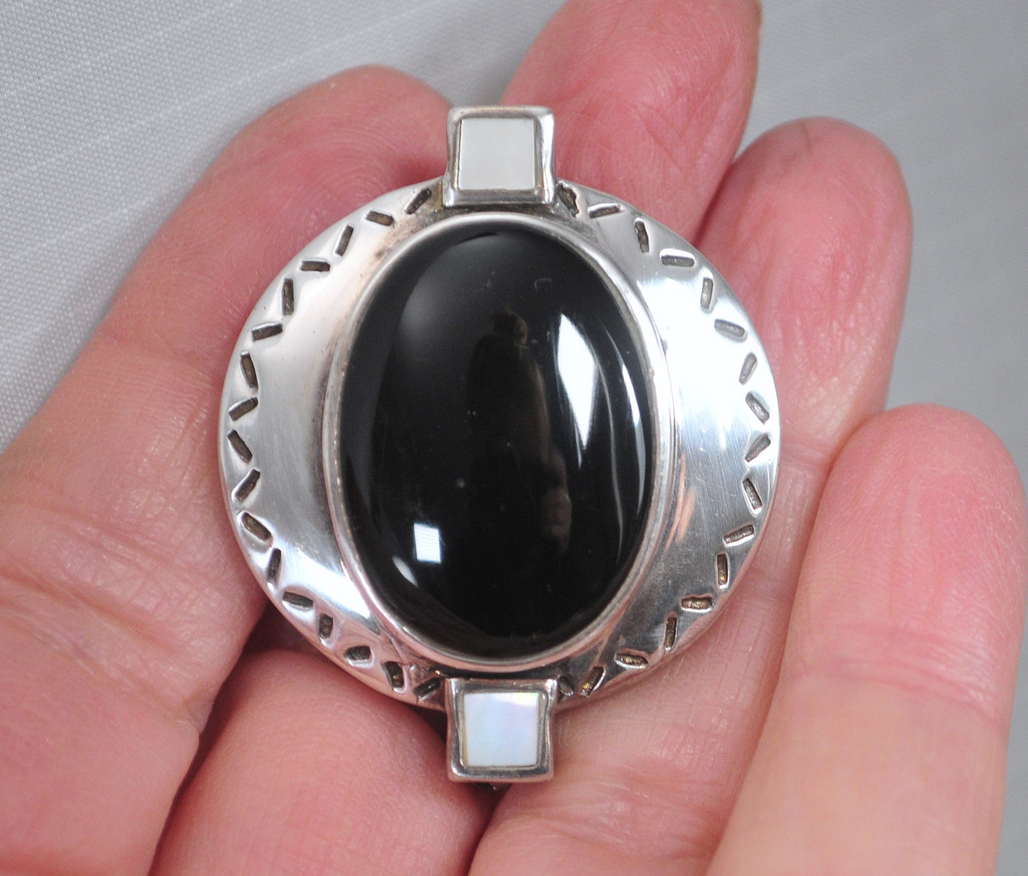Sterling Silver Black Onyx Mother of Pearl Brooch Pendant