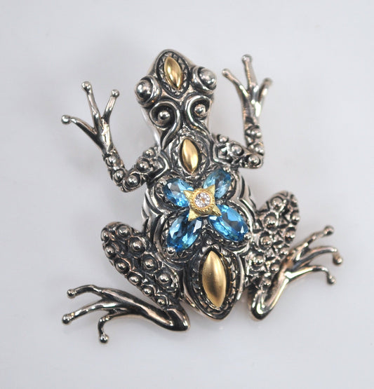 Estate Barbara Bixby Sterling Silver 18K Gold Blue Topaz Frog Enhancer Pendant
