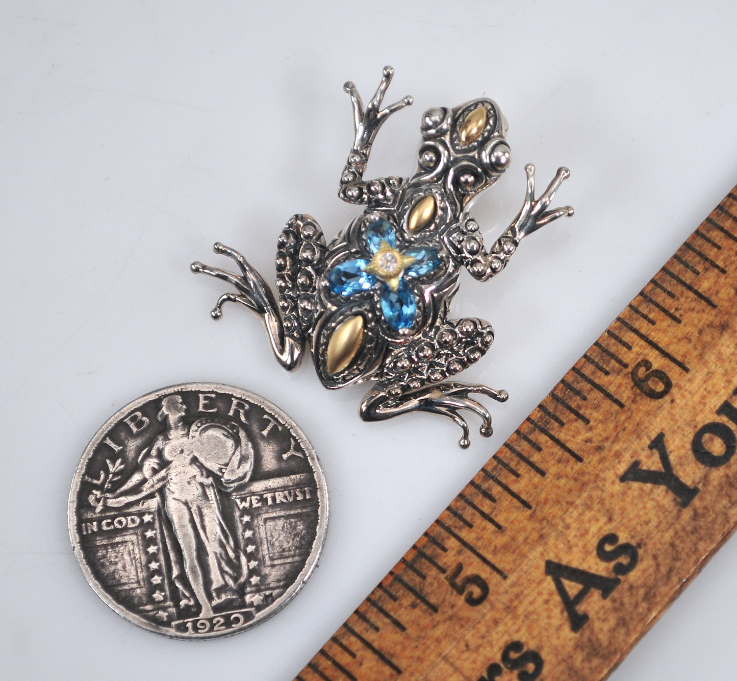 Estate Barbara Bixby Sterling Silver 18K Gold Blue Topaz Frog Enhancer Pendant