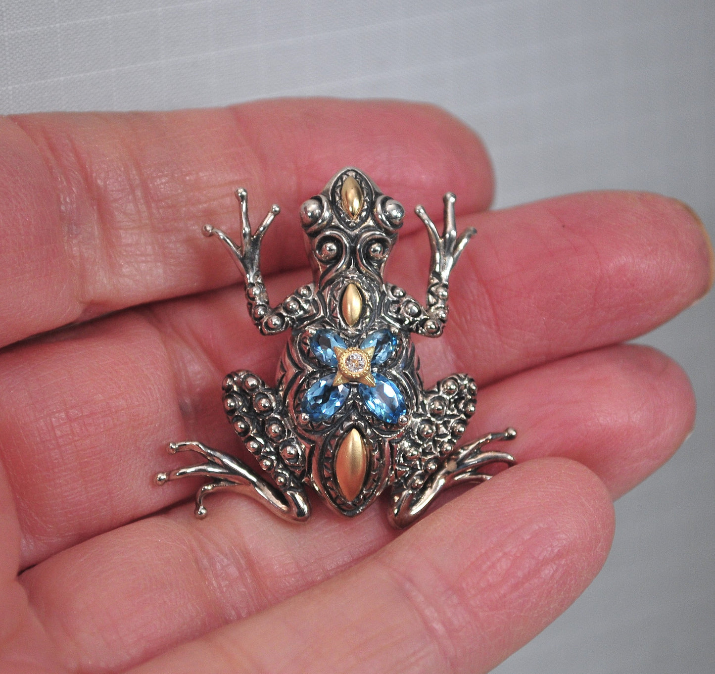 Estate Barbara Bixby Sterling Silver 18K Gold Blue Topaz Frog Enhancer Pendant