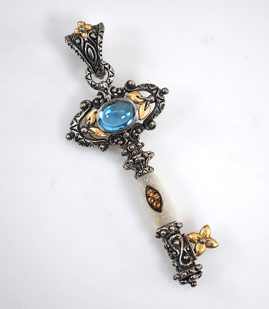 Barbara Bixby Sterling Silver 18K Gold Blue Topaz Mother of Pearl Key Enhancer Pendant