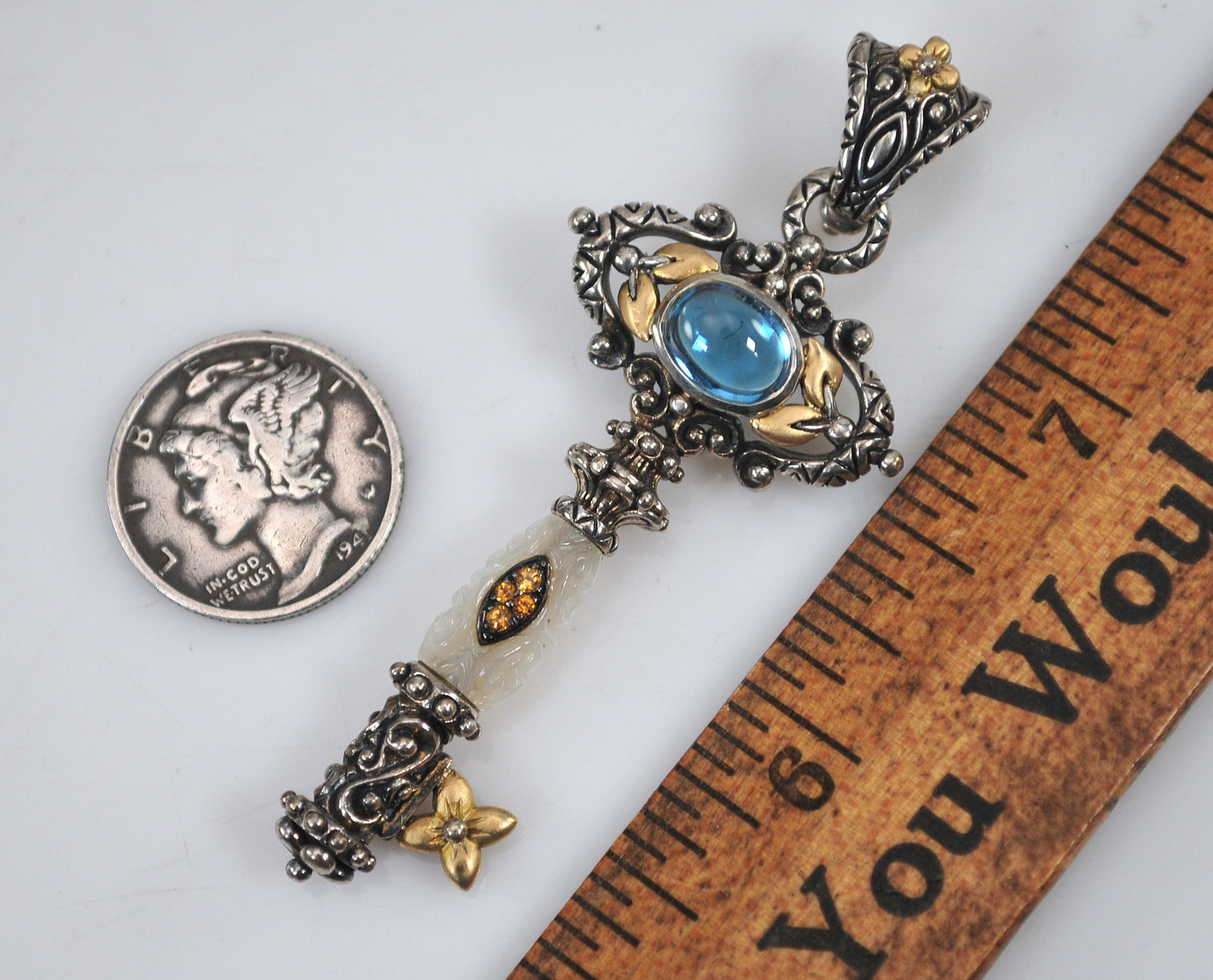 Barbara Bixby Sterling Silver 18K Gold Blue Topaz Mother of Pearl Key Enhancer Pendant