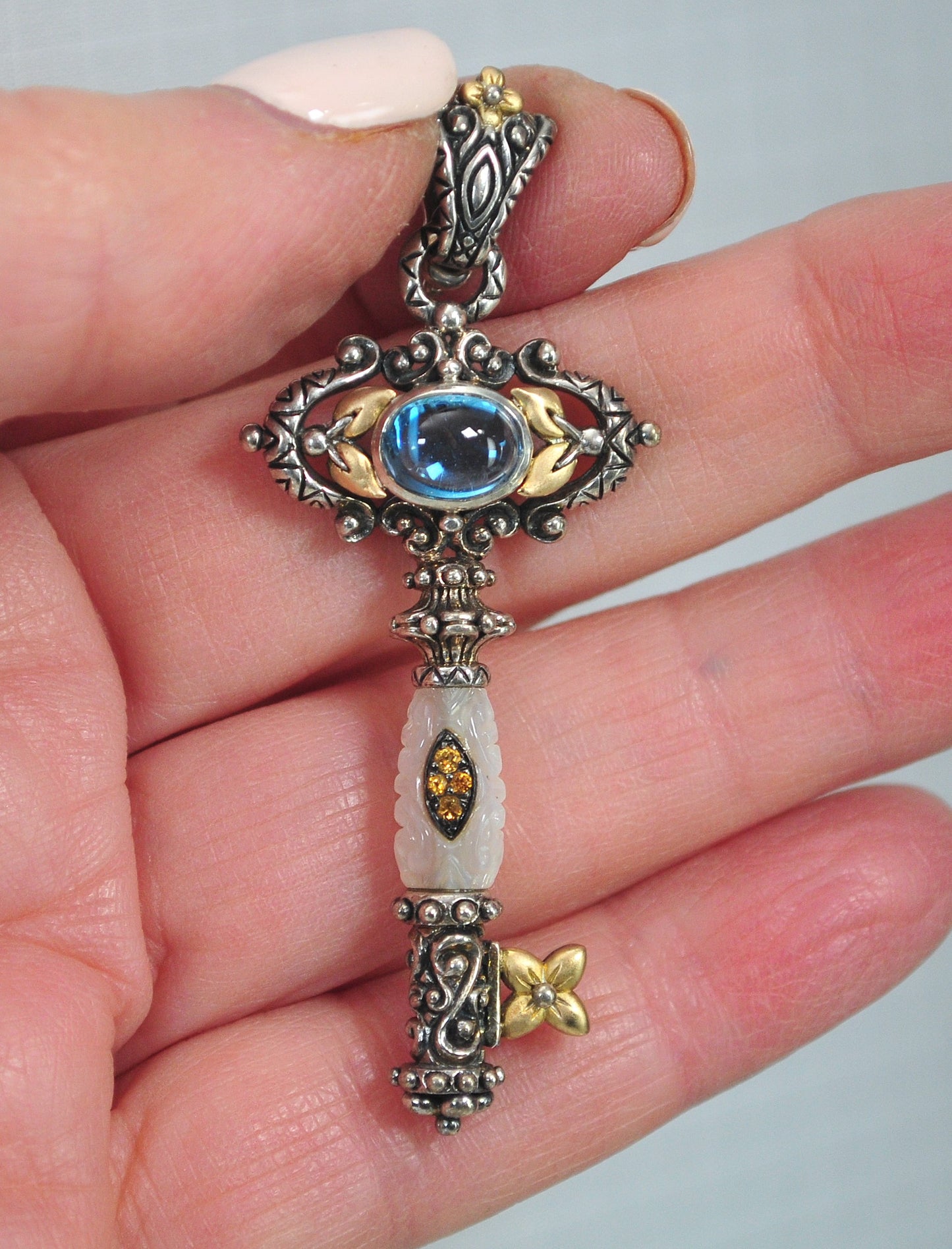 Barbara Bixby Sterling Silver 18K Gold Blue Topaz Mother of Pearl Key Enhancer Pendant