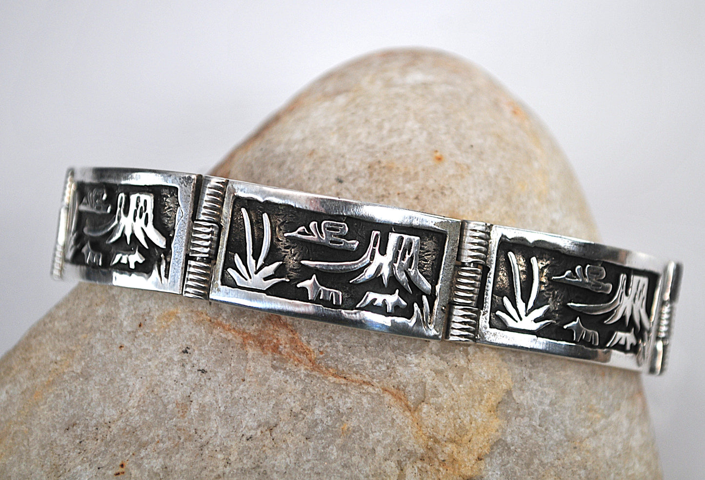 Signed Native American Sterling Silver Panel Bracelet