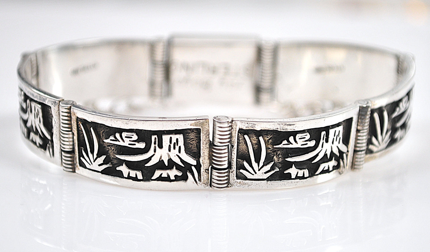 Signed Native American Sterling Silver Panel Bracelet