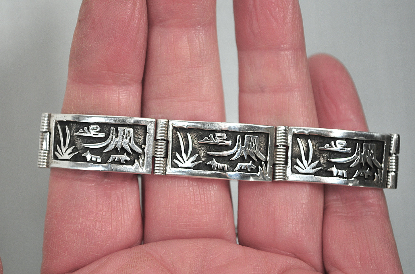 Signed Native American Sterling Silver Panel Bracelet