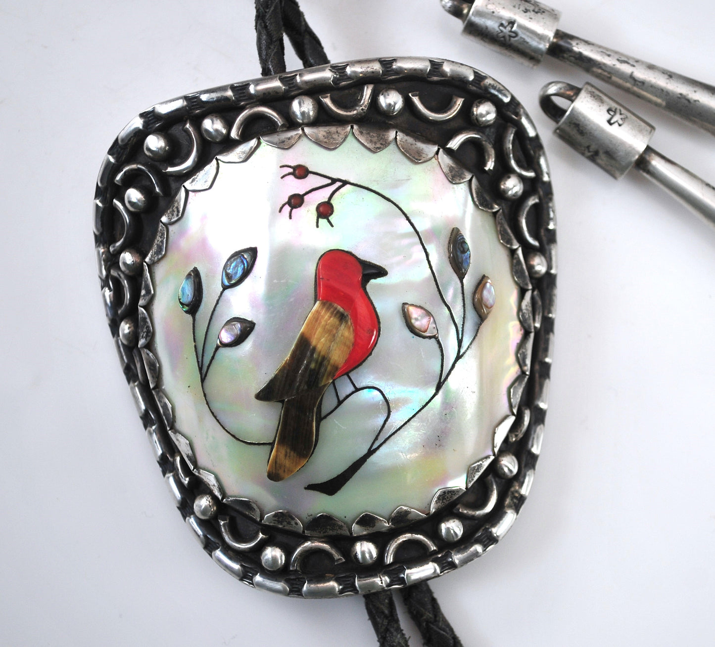 Signed Native American Sterling Silver Cardinal Inlay Bolo Tie