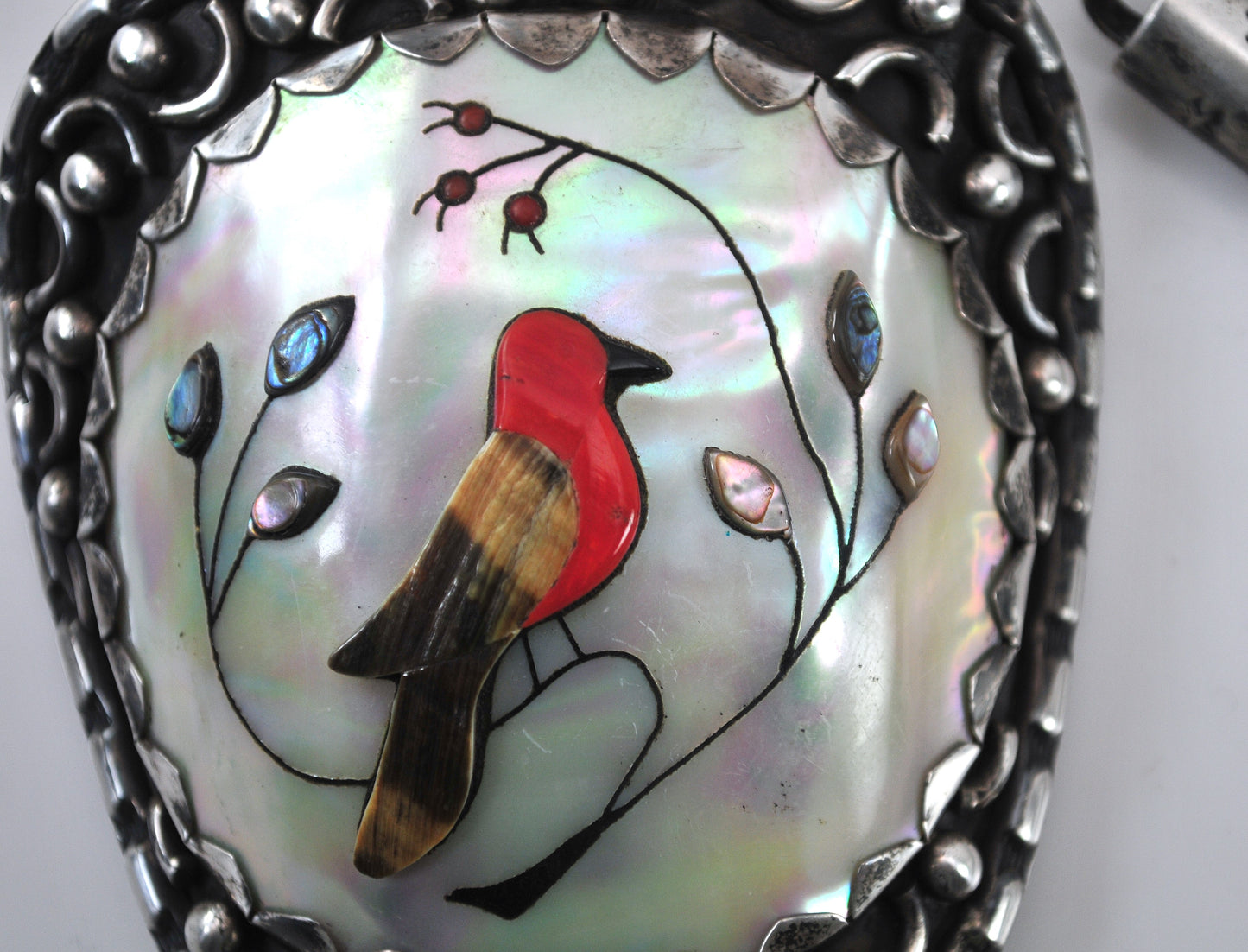 Signed Native American Sterling Silver Cardinal Inlay Bolo Tie