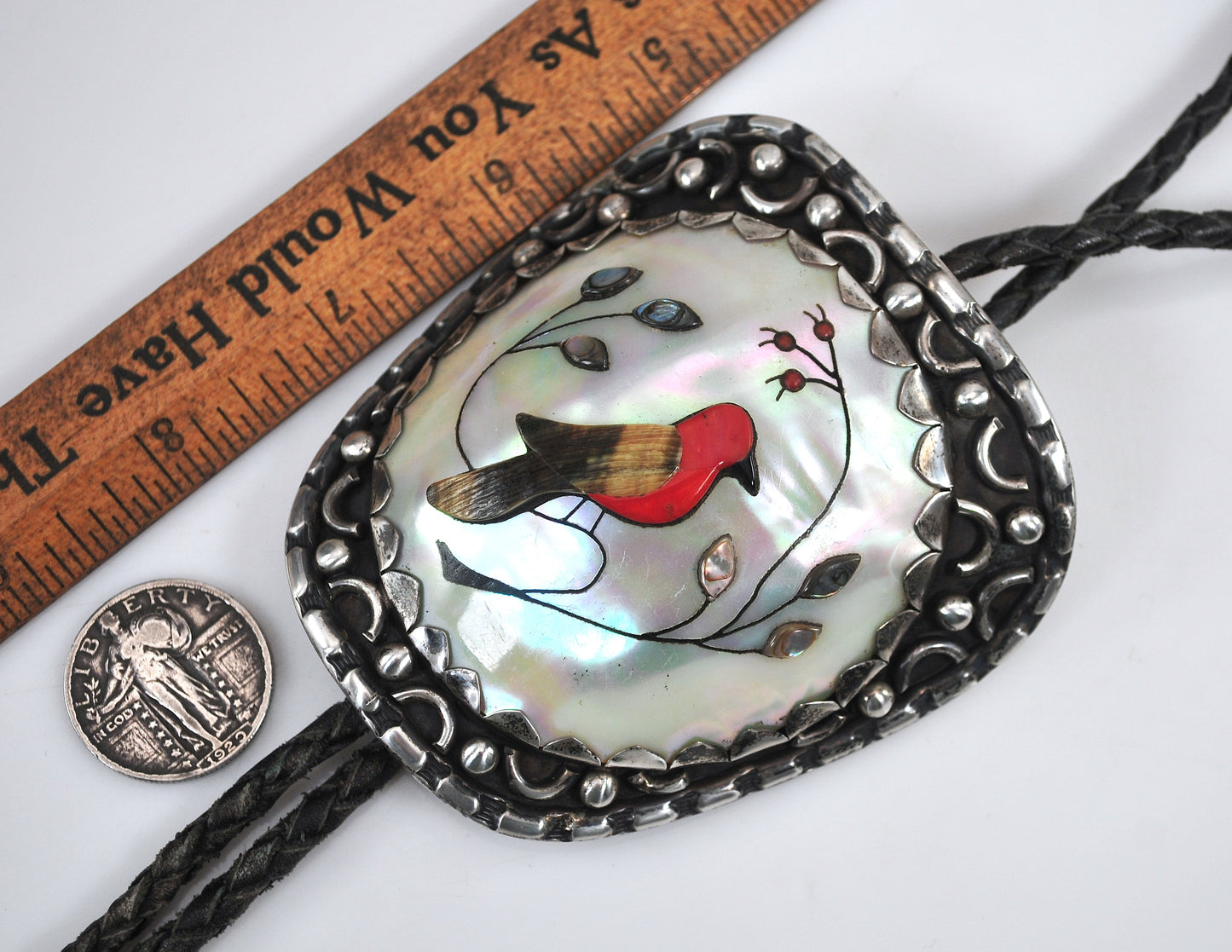 Signed Native American Sterling Silver Cardinal Inlay Bolo Tie