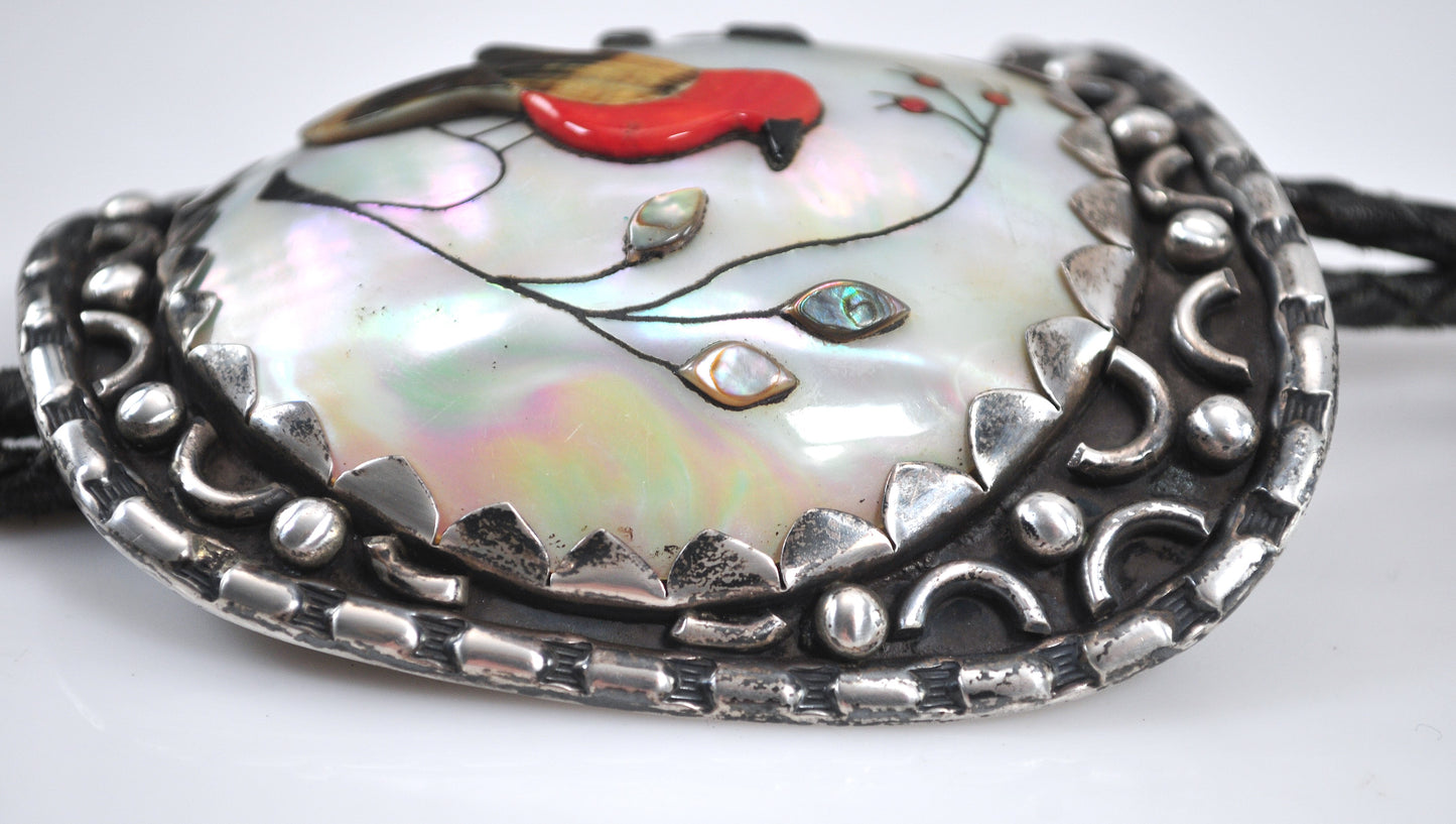 Signed Native American Sterling Silver Cardinal Inlay Bolo Tie
