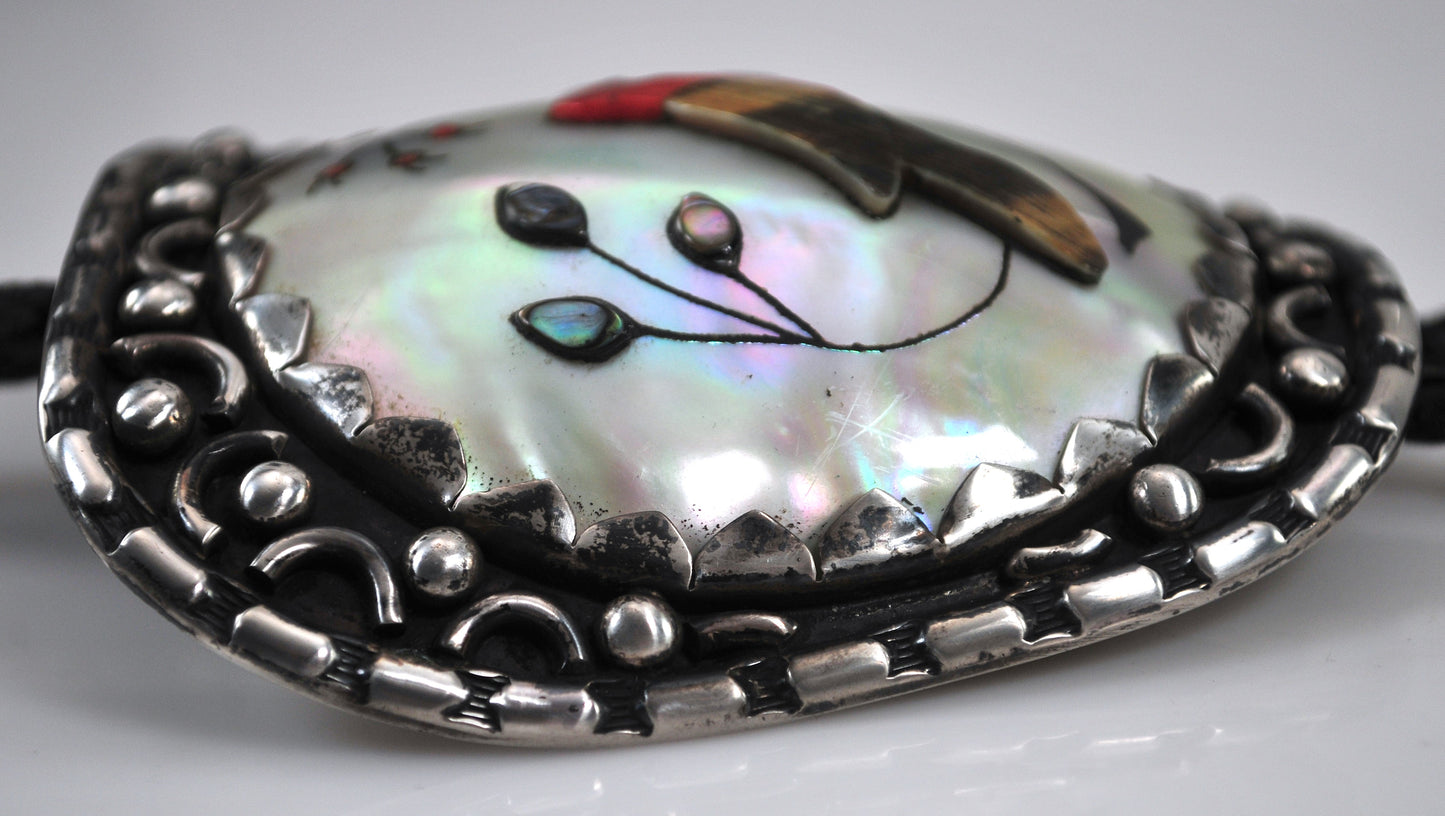 Signed Native American Sterling Silver Cardinal Inlay Bolo Tie