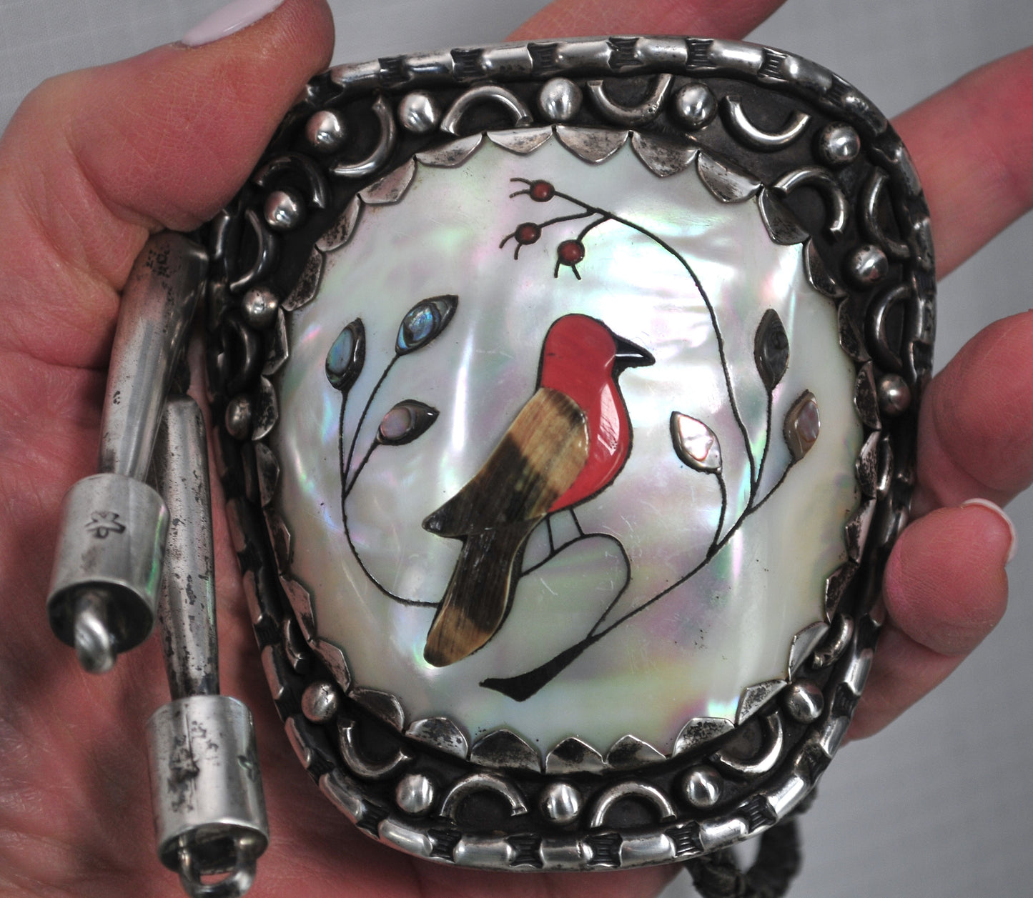 Signed Native American Sterling Silver Cardinal Inlay Bolo Tie