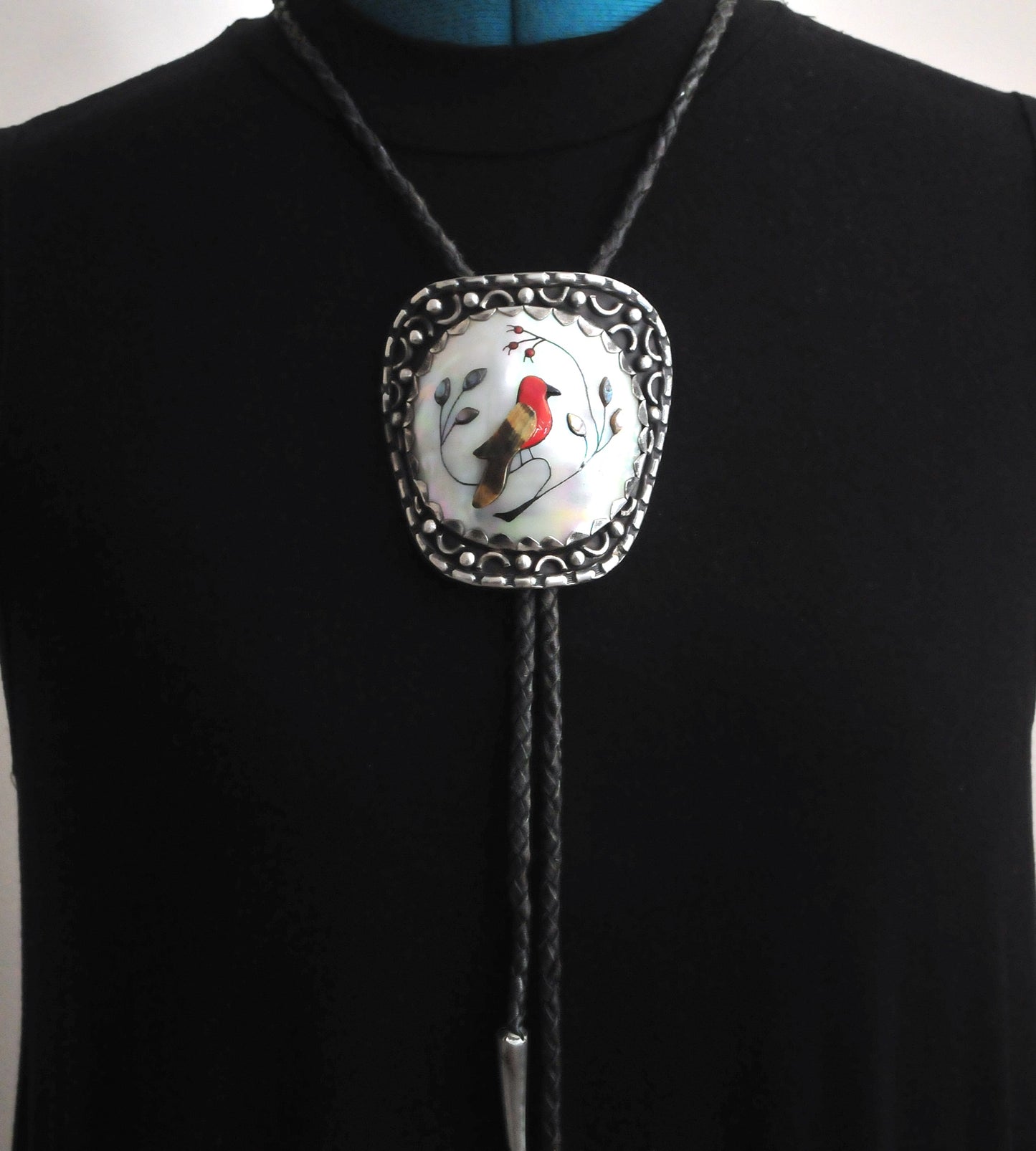Signed Native American Sterling Silver Cardinal Inlay Bolo Tie