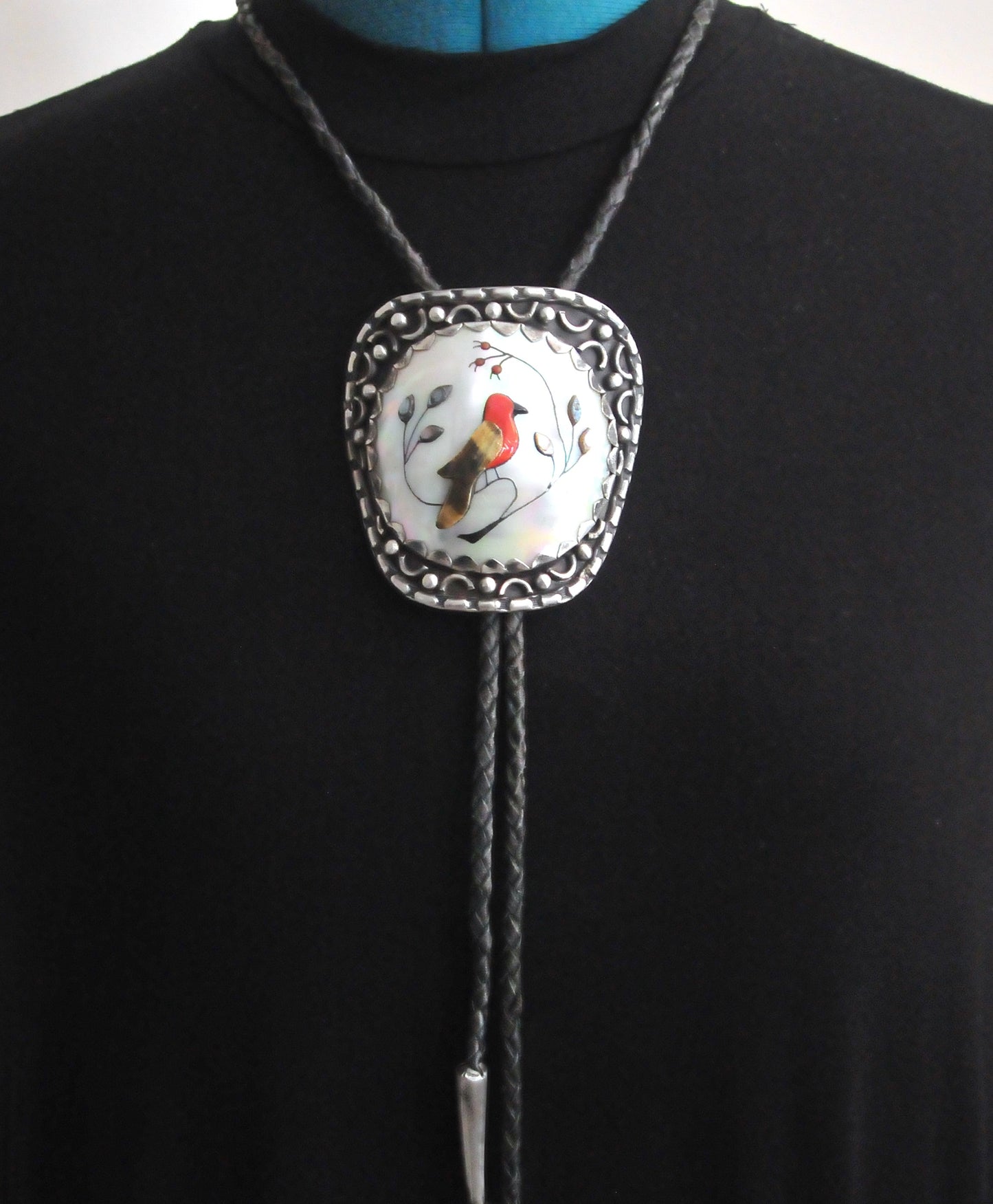 Signed Native American Sterling Silver Cardinal Inlay Bolo Tie