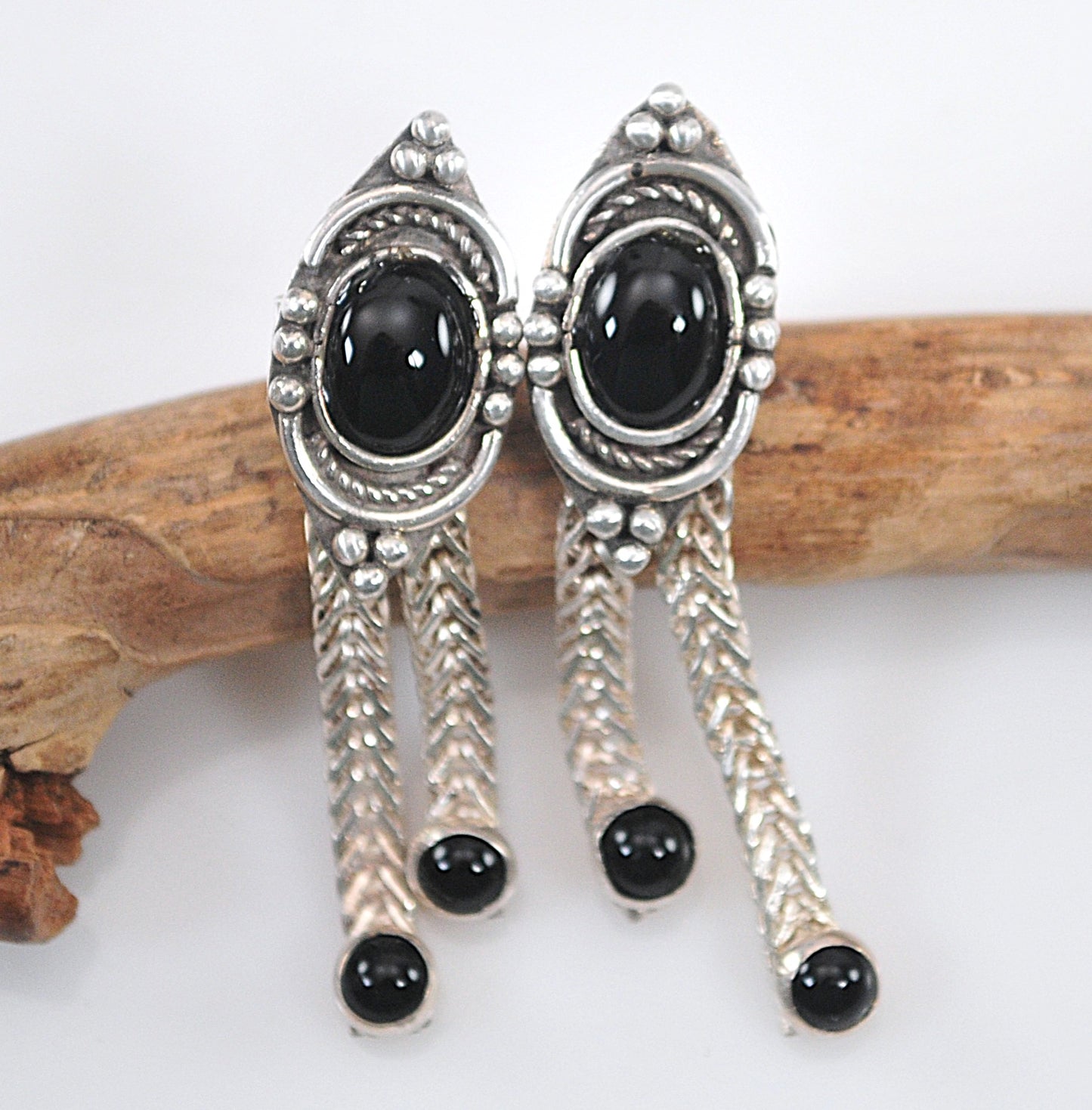 Sterling Silver Signed Black Onyx Earrings