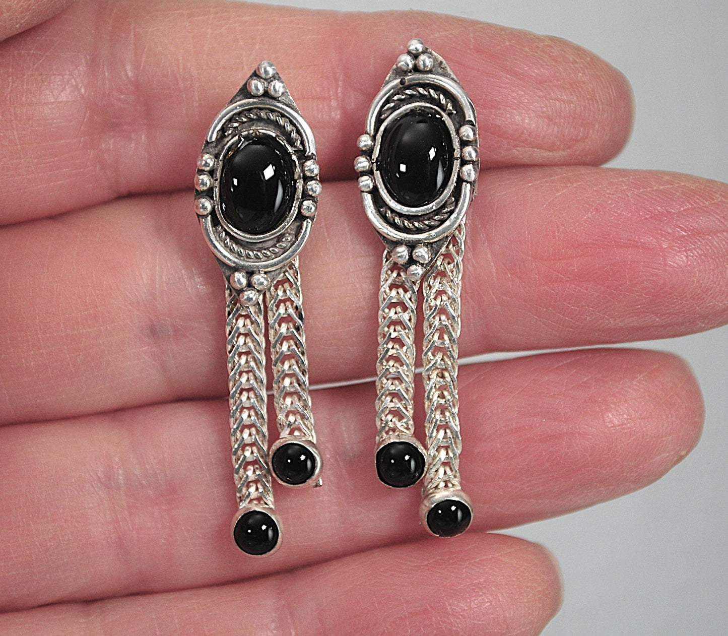 Sterling Silver Signed Black Onyx Earrings
