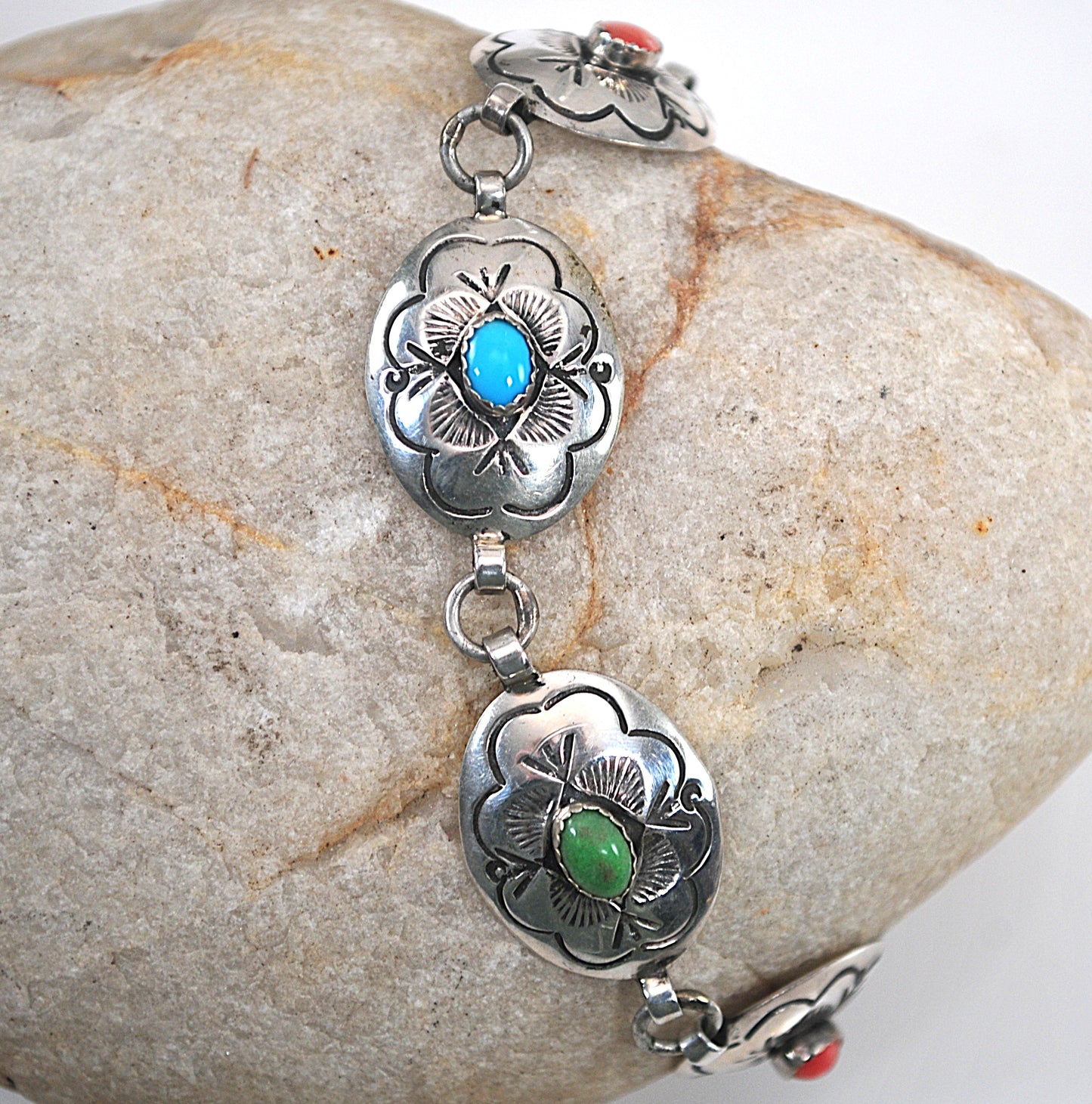 Navajo Sterling Silver Stone Concho Bracelet