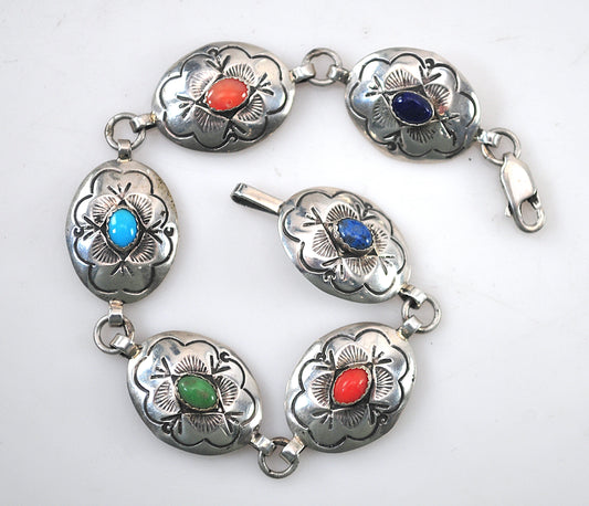Navajo Sterling Silver Stone Concho Bracelet
