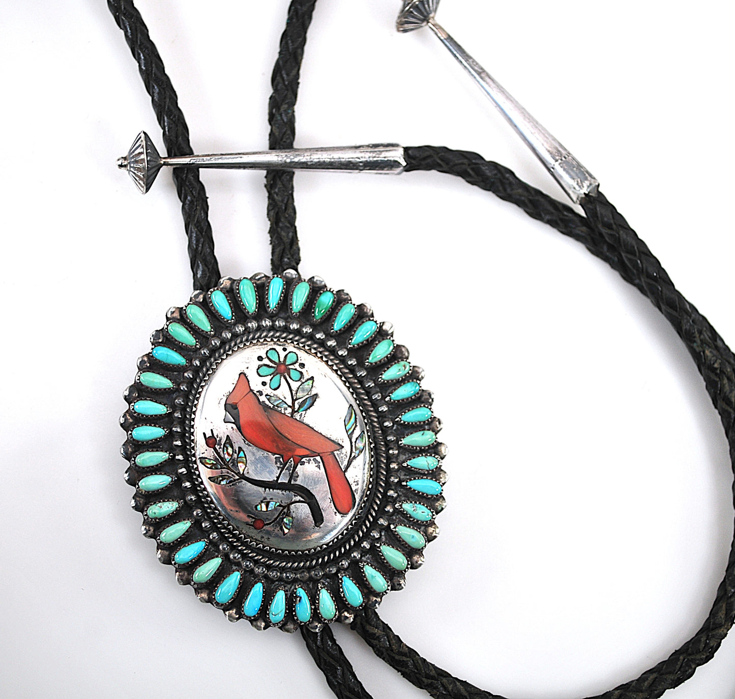 NOT AVAILABLE - Reserved for K - Native American signed Sterling Silver Cardinal Turquoise Bolo Tie