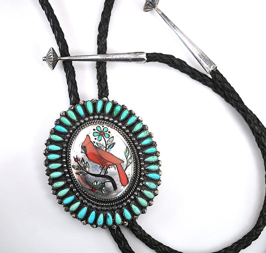 NOT AVAILABLE - Reserved for K - Native American signed Sterling Silver Cardinal Turquoise Bolo Tie