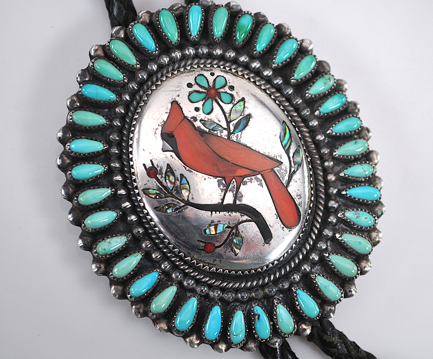 NOT AVAILABLE - Reserved for K - Native American signed Sterling Silver Cardinal Turquoise Bolo Tie